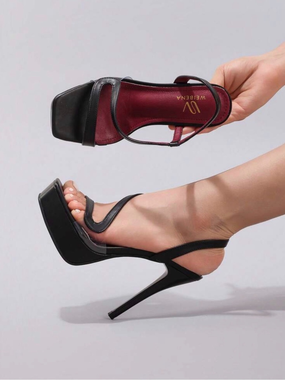 Black Leather Platform Stiletto Sandals